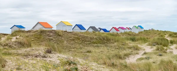 Gouville Sur Mer Normandia Cabines Praia Coloridas Madeira Nas Dunas — Fotografia de Stock