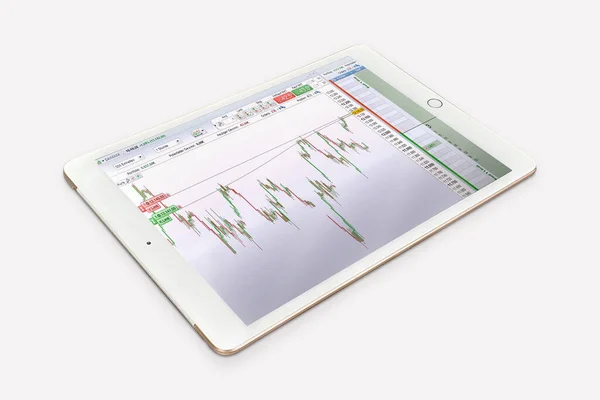 Tablet Con Grafici Finanziari Isolati Sfondo Bianco — Foto Stock