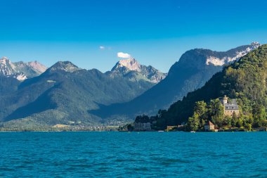 Annecy in France, the cliffs on the lake in summer, beautiful panorama