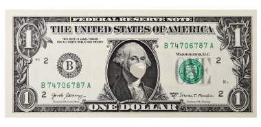 Sağlık ve sağlık maskesi takan başkanlı bir Amerikan banknotu.