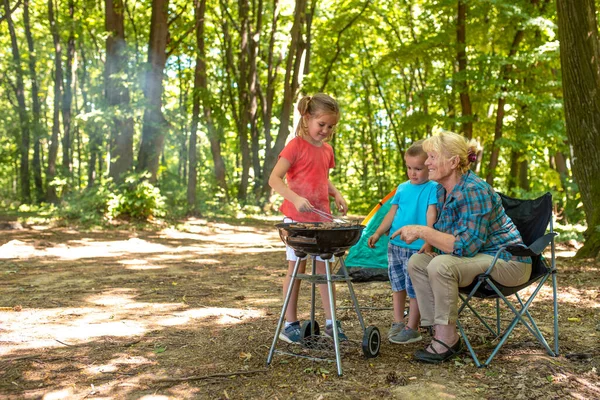 Çocuklar ve büyükanneleri ormanda barbekü yaparken eğleniyorlardı.