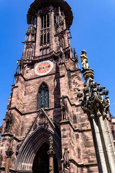 Vertikal Låg Vinkel Skott Den Vackra Freiburg Katedralen Breisgau Tyskland — Stockfoto