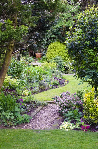 Brytyjski Ogród Wiosennymi Kwiatami Roślinami Obrzeżach — Zdjęcie stockowe