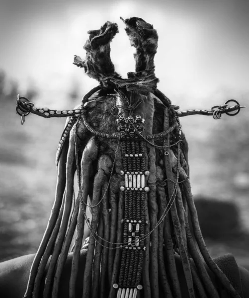 Grayscale Shot Hair Style Accessories Shamanic Person Back — Stock Photo, Image