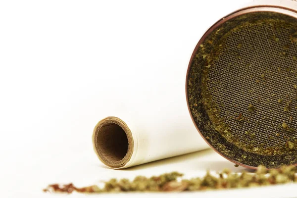 Unrolled Marijuana Joint Grinder Paper White Background — Stock Photo, Image