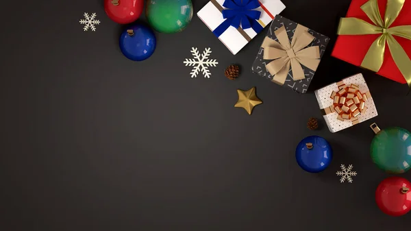 在黑暗的背景下隔离的圣诞礼物 球和雪花的顶部视图 — 图库照片