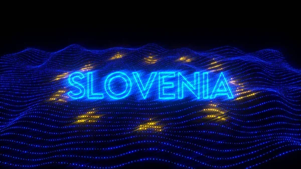 在欧盟旗帜上方的黑暗背景上以霓虹灯字母表示斯洛文尼亚的3D图像 — 图库照片