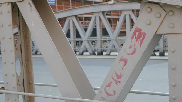 Closeup Metal Constructions Bridge Red Graffiti — Stock Photo, Image