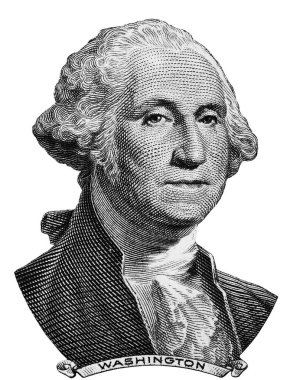 Beyaz arka planda bir dolarlık banknottan izole edilmiş bir George Washington portresi.