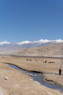 Tepeler ve dağlarla çevrili bir derenin dikey görüntüsü