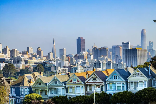 Beautiful Shot Colorful Victorian Houses Green Trees Modern Downtown San — Stock Photo, Image