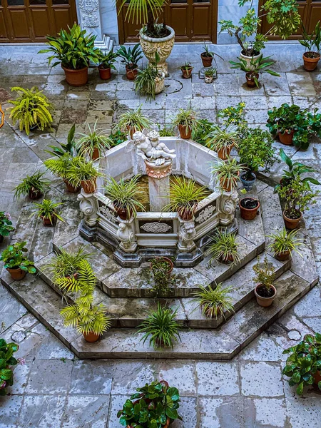 Colpo Aereo Verticale Una Fontana Giardino Casa Design Con Diversi — Foto Stock