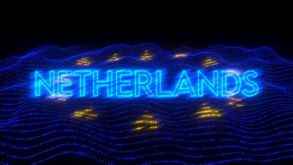Ilustrace Země Neherlands Modrými Neonovými Písmeny Tmavým Pozadím Nad Vlajkou — Stock fotografie