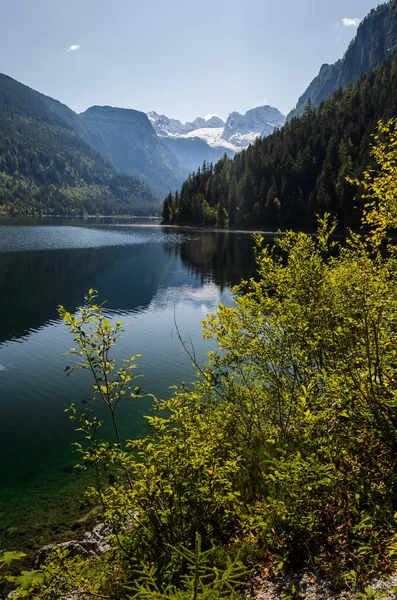 Eine Vertikale Aufnahme Einer Landschaft Die Sich See Spiegelt — Stockfoto