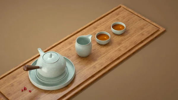 Nahaufnahme Einer Teekanne Und Tassen Auf Einem Holzbrett — Stockfoto