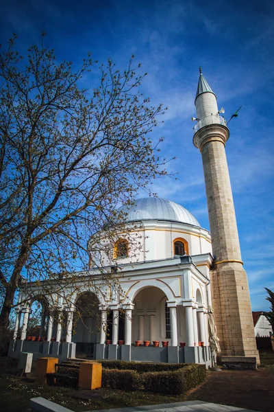 Plano Vertical Una Mezquita Blanca Juma Bajo Cielo Azul —  Fotos de Stock