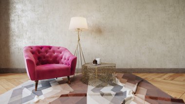 Kırmızı koltuklu bir odanın içi, yer lambası ve halının üzerinde küçük bir masa.