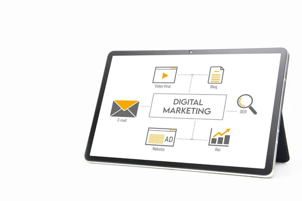 Tablet Con Una Presentazione Sul Marketing Digitale Sul Suo Schermo — Foto Stock