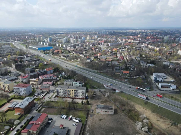 Drone Shot Cityscape Buildings Main Road Cars Cloudy Sky — Stock Photo, Image