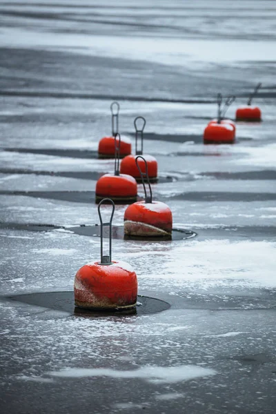 Tiro Vertical Bóias Vermelhas Mar Congelado — Fotografia de Stock