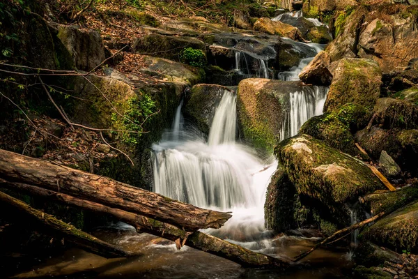 Una Piccola Cascata Tra Rocce Muschiose Della Foresta — Foto Stock