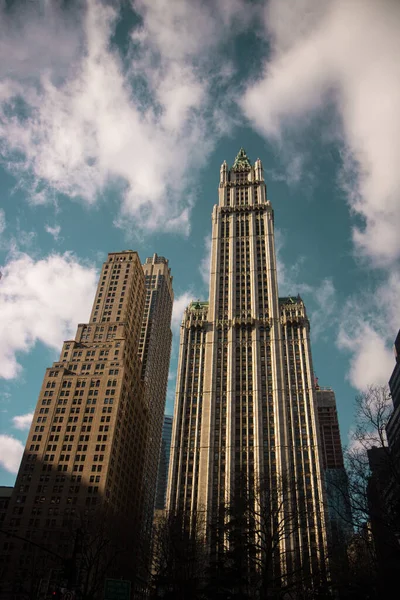 Pionowy Niski Kąt Woolworth Budynki Nowym Jorku Słońcu Pod Zachmurzonym — Zdjęcie stockowe