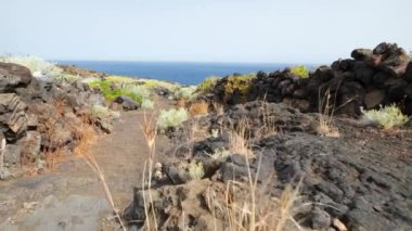 Atlas Okyanusu 'na doğru volkanik arazide yürüyüş izleri. El Hierro, Kanarya Adaları 'nın güzel doğasında yürüyüş..