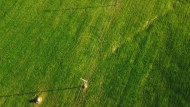 Baharda yeşil bir tarlanın havadan drone görüntüsü.