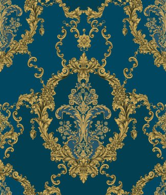 Mavi ve altın renkli kare dikişler için süslü, pürüzsüz bir desen çizimi