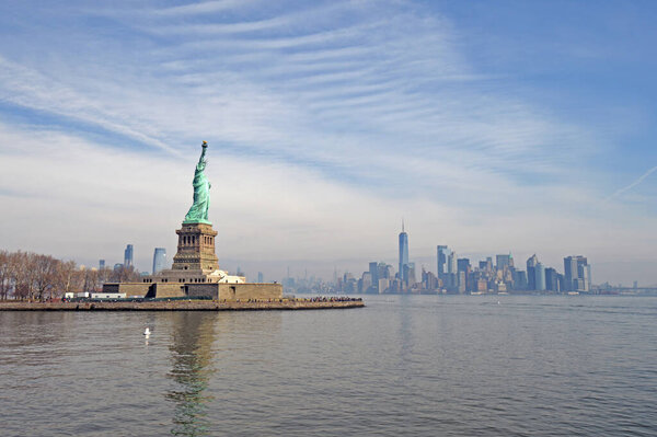 A scenic view of the Statue of Liberty in New York City, in the United States