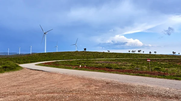 Uma Bela Paisagem Uma Estrada Perto Campo Com Turbinas Eólicas — Fotografia de Stock