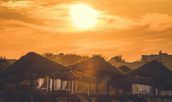在突尼斯 迷人的落日的天空笼罩着沿海的茅草屋 — 图库照片