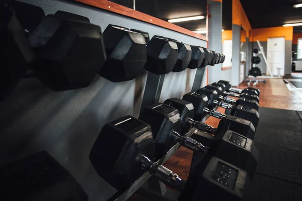 Beautiful Shot Lines Black Dumbbells Shelves Body Building Gym — Stock Photo, Image