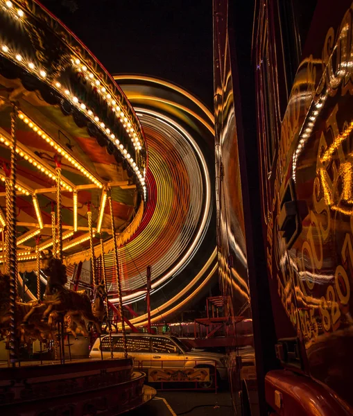 Closeup Light Traces Carousel Big Wheel Background Giles Fair Oxford — Stock Photo, Image