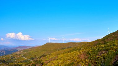 Portekiz, Arouca 'nın dışındaki verimli tarlaların ve tepelerin güzel manzarası. Parlak gökyüzünün altında rüzgar türbinleri var.