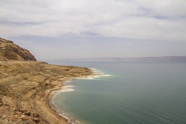 Bulutlu bir günde kayalık kıyı şeridi olan okyanus manzarası.