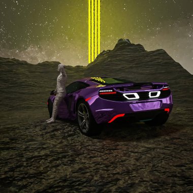 Kayalarla çevrili yeşil bir süper arabanın güzel bir görüntüsü.