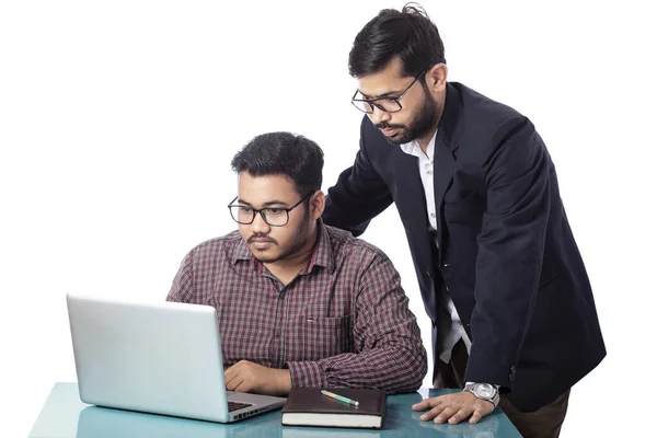 professional experienced boss guiding employee with work using laptop