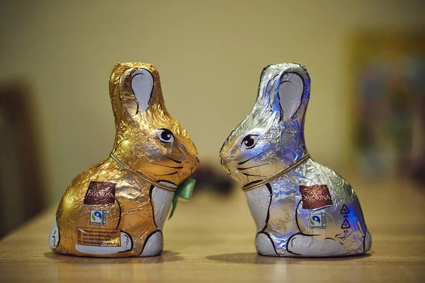 Two Favorina Brand Chocolate Easter Bunnies Table — Stock Photo, Image