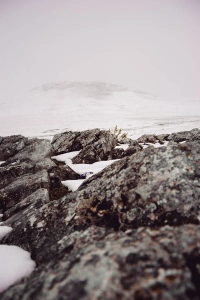 Μια Κάθετη Λήψη Ενός Χειμερινού Τοπίου Πέτρες Ένα Χιονισμένο Βουνό — Φωτογραφία Αρχείου