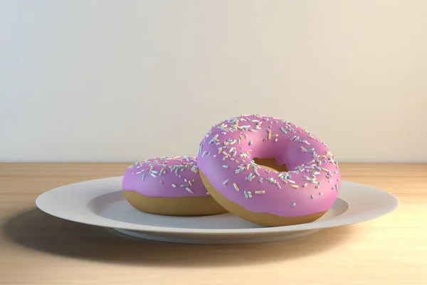 三维渲染两个粉红釉面甜甜圈在一个木制桌子的白盘上 — 图库照片