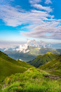 Bulutlu bir gökyüzünün altındaki çimenli dağlarla güzel bir dağlık manzaranın dikey görüntüsü.