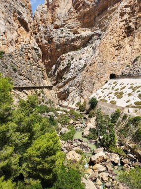 Kayalık kayalıkların ortasındaki bir nehrin dikey görüntüsü