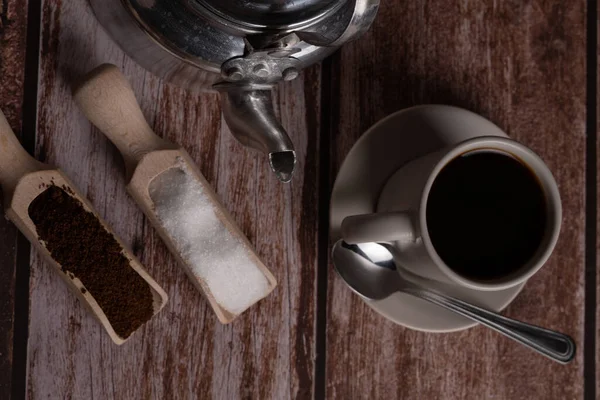 Zenithal View Coffee Cup Milk Jug Wooden Spoons Wooden Table — Fotografia de Stock