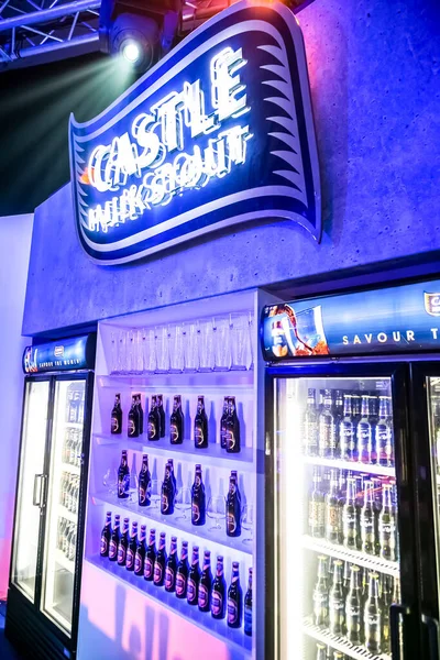 Vertical Shot Bottle Coolers Illuminated Blue Light Alcohol Bar Tavern — Stock Photo, Image