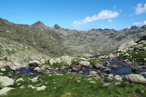 Uma Vista Panorâmica Lago Cercado Por Vegetação Contra Montanhas Rochosas — Fotografia de Stock