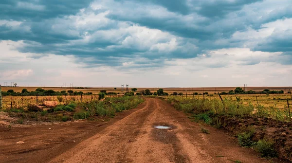 Empty Sand Road Surrounded Fields Cloudy Sky — Stock Photo, Image