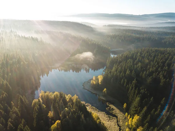 Letecký Snímek Jezera Při Východu Slunce Sasku — Stock fotografie