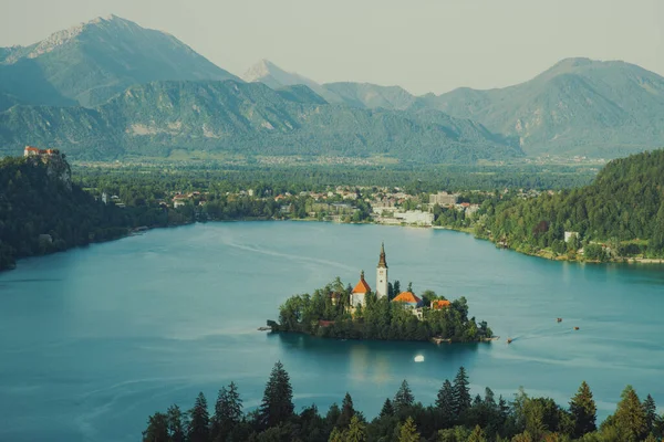 Uma Bela Foto Uma Catedral Colocada Uma Ilha Lake Bled — Fotografia de Stock