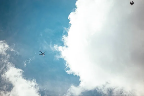 Vacker Utsikt Från Marken Till Flygplanet Den Molniga Himlen — Stockfoto